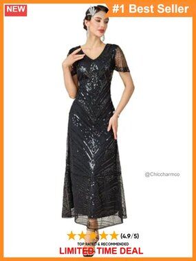 Flapper Dress 1920s V-Neck Sequin Beaded Maxi Evening Party